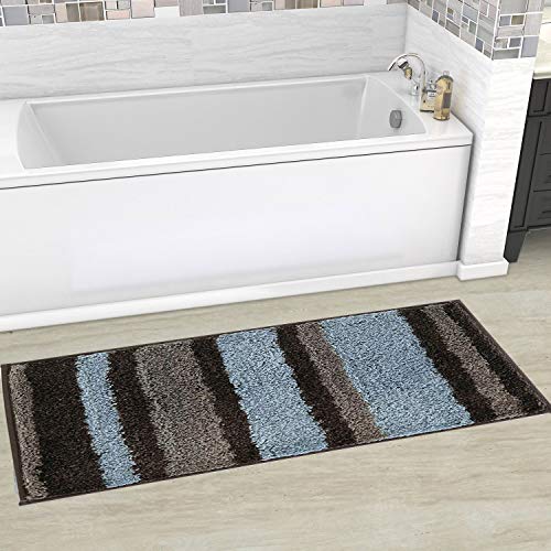 HEBE Non-Slip Bathroom Rug Mat Shag Microfiber Shower Bath Rug Absorbent Bath Mat for Bathroom Machine Washable(18x26, Blue/Grey)