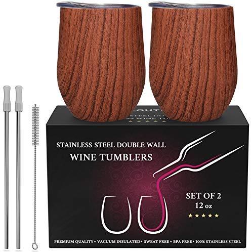 CHILLOUT LIFE Stainless Steel Stemless Wine Glass Tumbler 2 Pack Rose Gold 12 oz | Double Wall Vacuum Insulated Wine Tumbler with Lids and Straws Set of Two for Coffee, Wine, Cocktails, Ice Cream