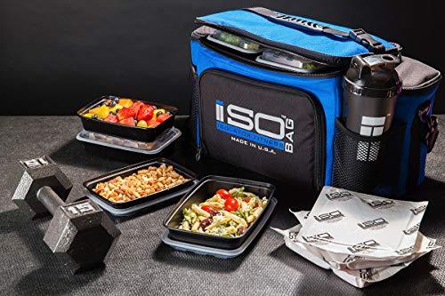 ISOBAG 6 Meal Prep bag - Large Insulated Meal Prep Lunch Box With 12 Containers, 3 Ice Packs & Shoulder Strap (Blackout) MADE IN USA