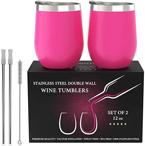 CHILLOUT LIFE Stainless Steel Stemless Wine Glass Tumbler 2 Pack Rose Gold 12 oz | Double Wall Vacuum Insulated Wine Tumbler with Lids and Straws Set of Two for Coffee, Wine, Cocktails, Ice Cream