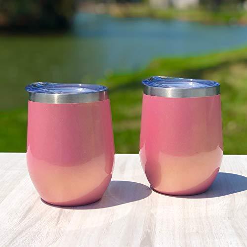 CHILLOUT LIFE Stainless Steel Stemless Wine Glass Tumbler 2 Pack Rose Gold 12 oz | Double Wall Vacuum Insulated Wine Tumbler with Lids and Straws Set of Two for Coffee, Wine, Cocktails, Ice Cream