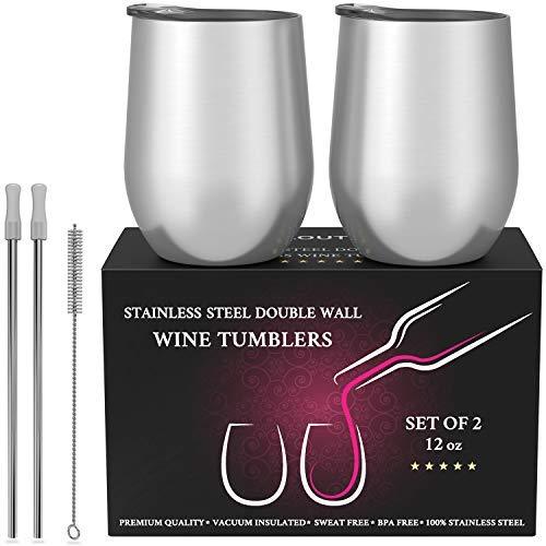 CHILLOUT LIFE Stainless Steel Stemless Wine Glass Tumbler 2 Pack Rose Gold 12 oz | Double Wall Vacuum Insulated Wine Tumbler with Lids and Straws Set of Two for Coffee, Wine, Cocktails, Ice Cream