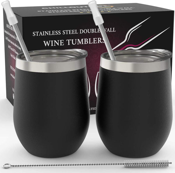 CHILLOUT LIFE Stainless Steel Stemless Wine Glass Tumbler 2 Pack Rose Gold 12 oz | Double Wall Vacuum Insulated Wine Tumbler with Lids and Straws Set of Two for Coffee, Wine, Cocktails, Ice Cream