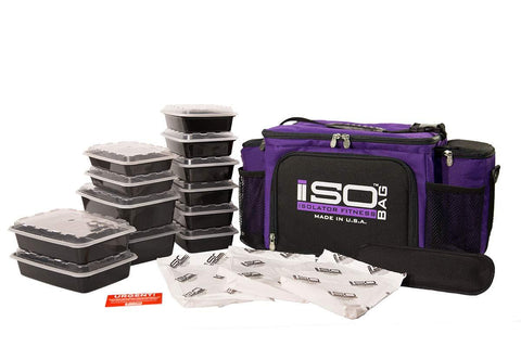 ISOBAG 6 Meal Prep bag - Large Insulated Meal Prep Lunch Box With 12 Containers, 3 Ice Packs & Shoulder Strap (Blackout) MADE IN USA