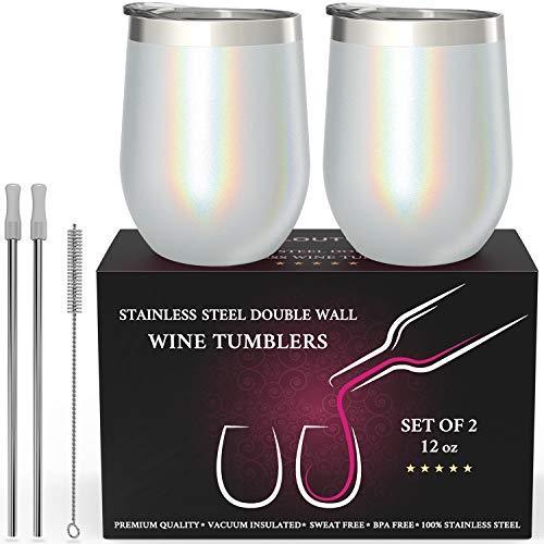 CHILLOUT LIFE Stainless Steel Stemless Wine Glass Tumbler 2 Pack Rose Gold 12 oz | Double Wall Vacuum Insulated Wine Tumbler with Lids and Straws Set of Two for Coffee, Wine, Cocktails, Ice Cream