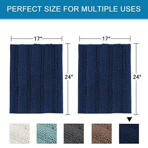 Navy Blue Bathroom Rugs Slip-Resistant Extra Absorbent Soft and Fluffy Striped Bath Mat Set Chenille Bath Rugs, Floor Mats Dry Fast Machine Washable (Set of 2-20" x 32"/17" x 24")