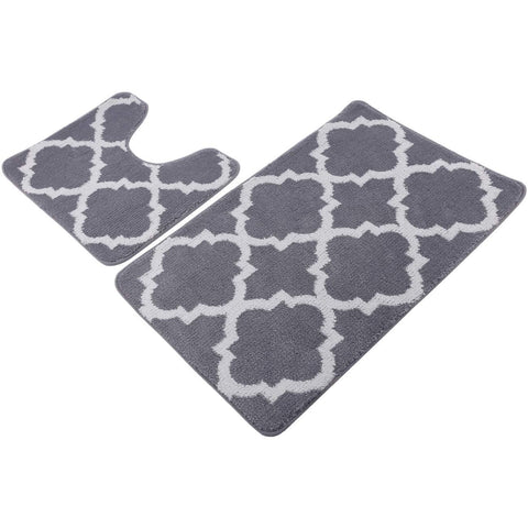 Pauwer Bath Rug Sets 3 Piece for Bathroom Non Slip Bath Mat Set Washable Bath Rug Set Pattern 28.4"x17.7"/Contour Mat 17.7"x17.7"/ Lid Cover (Navy)