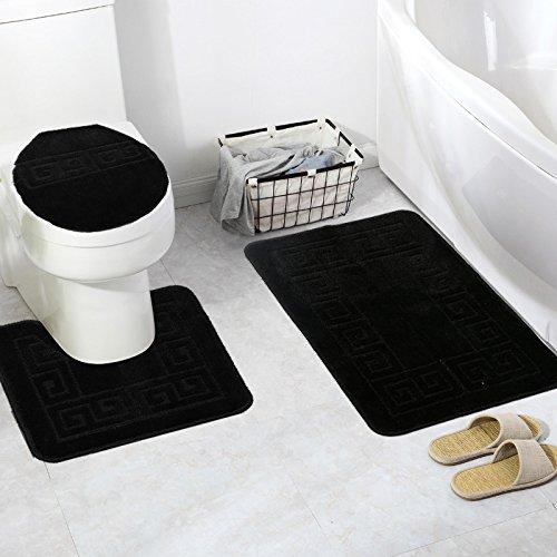 Pauwer Bath Rug Sets 3 Piece for Bathroom Non Slip Bath Mat Set Washable Bath Rug Set Pattern 28.4"x17.7"/Contour Mat 17.7"x17.7"/ Lid Cover (Navy)