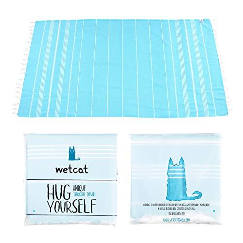 WETCAT Original Turkish Beach Towel (39 x 71) - Prewashed Peshtemal, 100% Cotton - Highly Absorbent, Quick-Drying and Ultra-Soft - Washer-Safe, No Shrinkage - Stylish, Eco-Friendly - [Aqua]